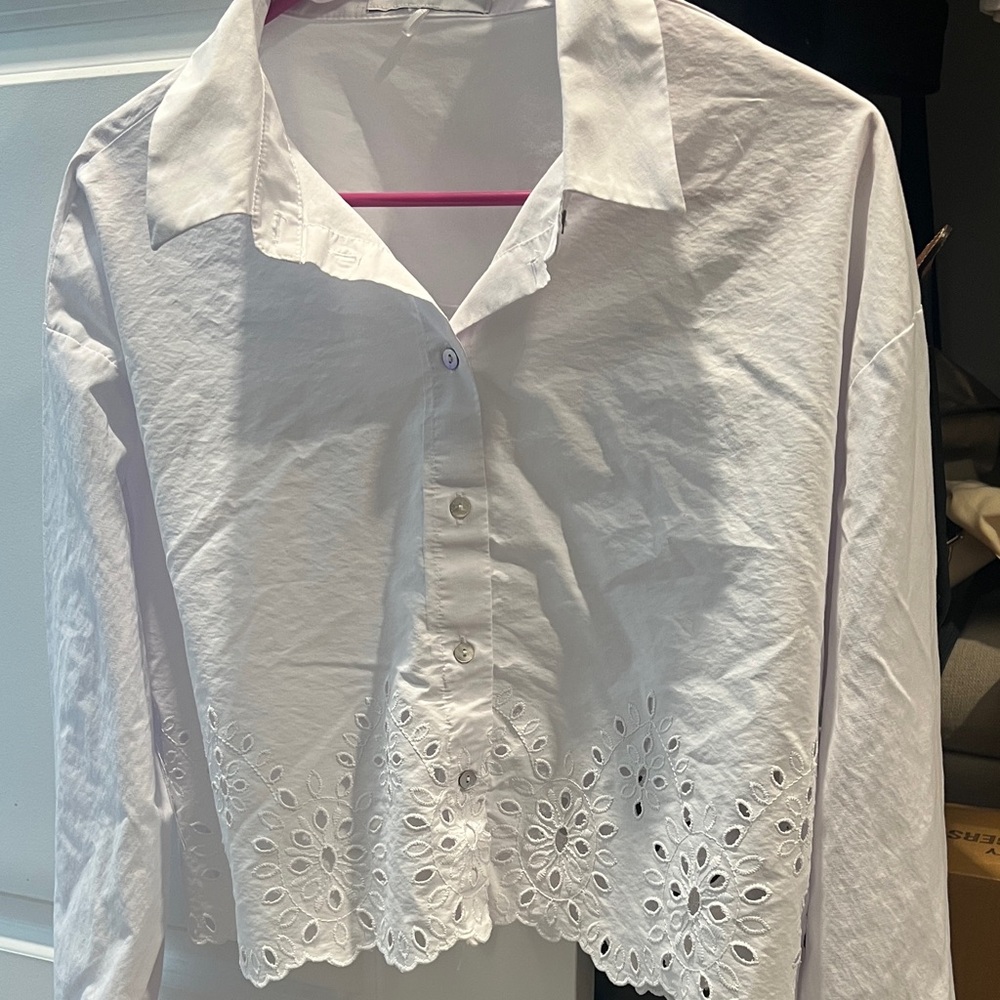 Zara Eyelet Crop Button Down Blouse